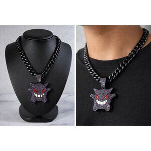 Pokemon Gengar Iced Out Pendant 12mm Black Cuban Link 18in Chain Hip Hop